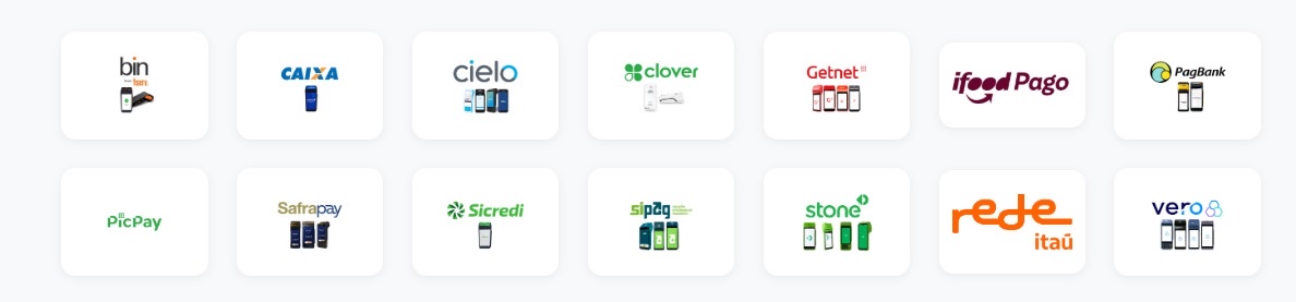 Maquininhas homologadas para Smart POS TEF: Bin, Caixa, Cielo, Clover, Getnet, iFood Pago, PagBank, PicPay, Safrapay, Sicredi, Sipag, Stone, Rede e Vero